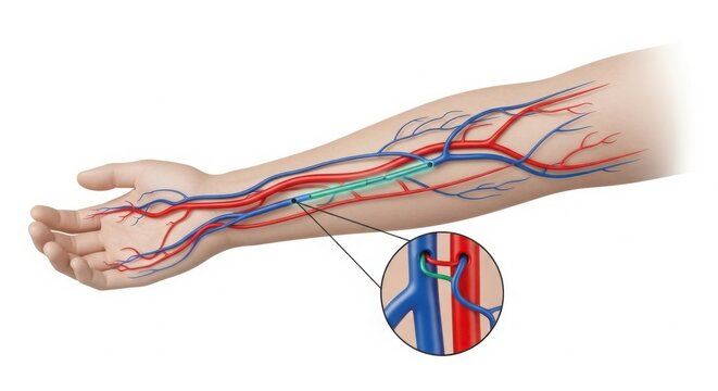 Illustration of human arm's circulatory system with veins and arteries