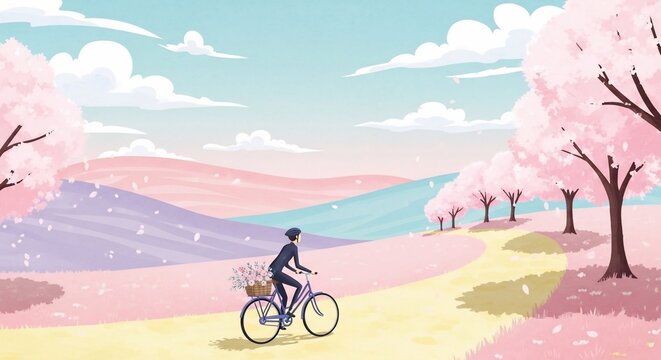Bicyclist blossoming trees landscape