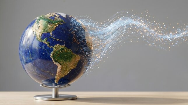 The Earth globe is dissolving into a digital data stream.