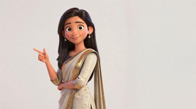 Cute 3D Indian Woman Avatar in Saree Pointing at Copy Space