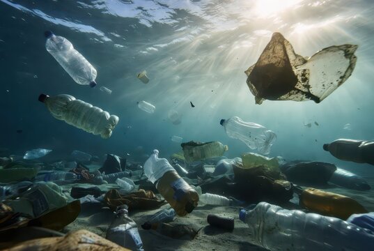 Underwater plastic pollution: bottles and debris float in sunlit ocean, harming marine life