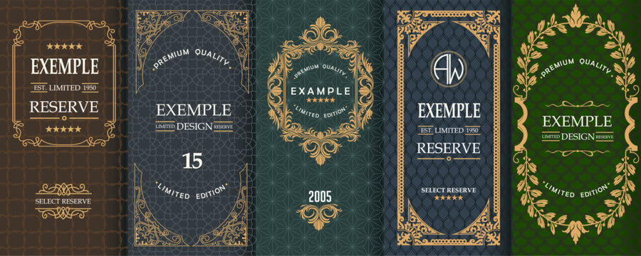 Exquisite set of design templates for label and package of whiskey, brandy, rum, cognac, wine. Perfect art deco, art nouveau style.