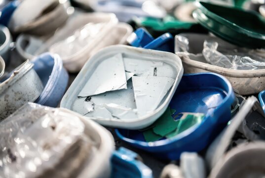 Pile of broken and dirty plastic containers, blue, white, and green, close-up, abstract