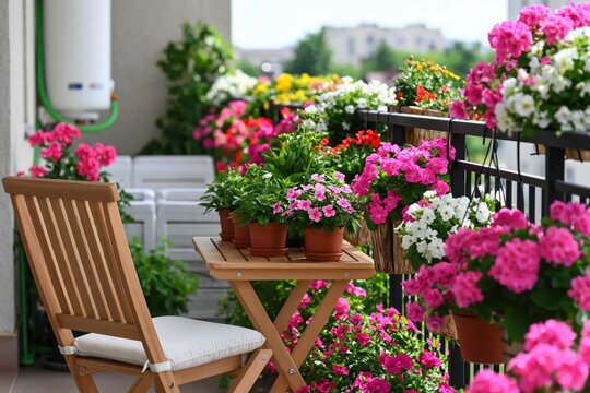 Charming and cozy balcony filled with vibrant blooming flowers in pots, wooden chair, and small table, creating peaceful urban garden oasis. High quality photo