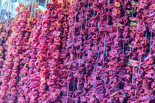 The colorful views of the dried vegetables at the market in Gaziantep, Turkey.