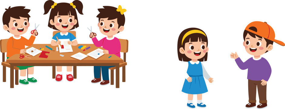 Cute children crafting at table and talking cartoon kids activity and friendship vector illustration set