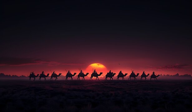 Desert caravan journey with camels at dusk high resolution photo