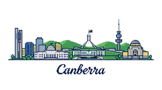 Stylized pixel art illustration of Canberra city skyline featuring iconic landmarks and lush greenery encapsulating urban and