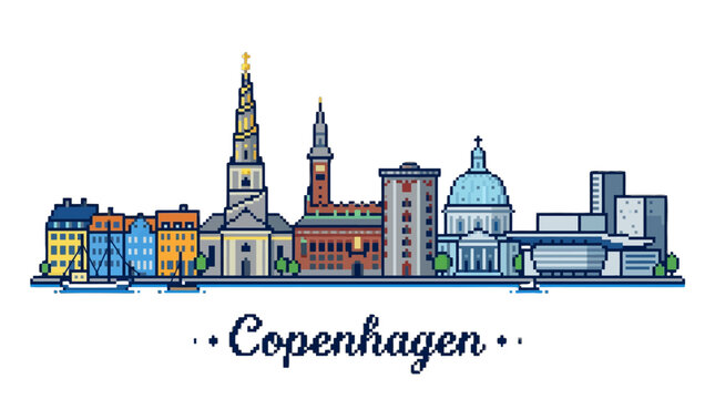 Colorful illustrated skyline of copenhagen showcasing historic and modern architecture with detailed cityscape elements