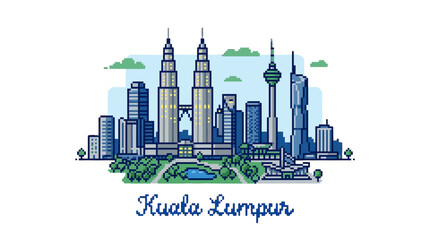 Obraz premium Stylized Pixel Art Illustration of Kuala Lumpur Skyline Featuring Iconic Twin Towers and Modern Urban Landmarks