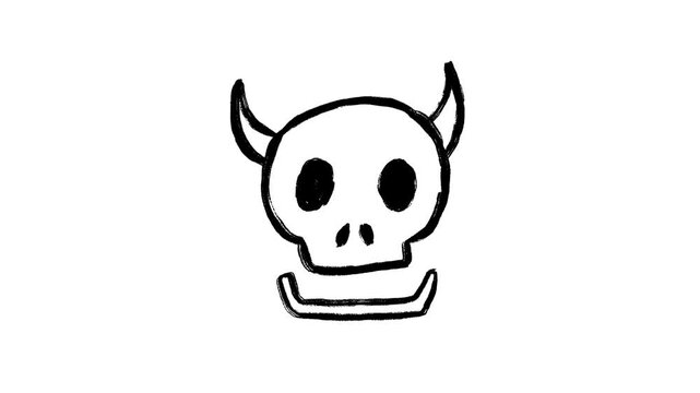 Skull hand drawn animation, devil horns cranium, spooky head motion, skeletal face animated, creepy bone sketch, death symbol, horror demon video element