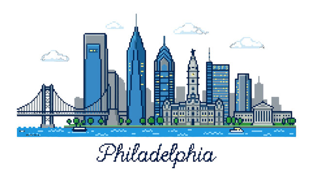 Colorful pixel art depiction of Philadelphia skyline featuring iconic buildings and waterfront scenery showcasing urban