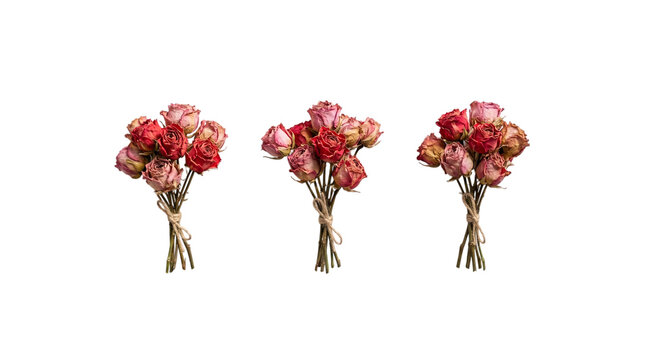Three miniature bouquets of dried dark red roses tied with twine on a transparent background