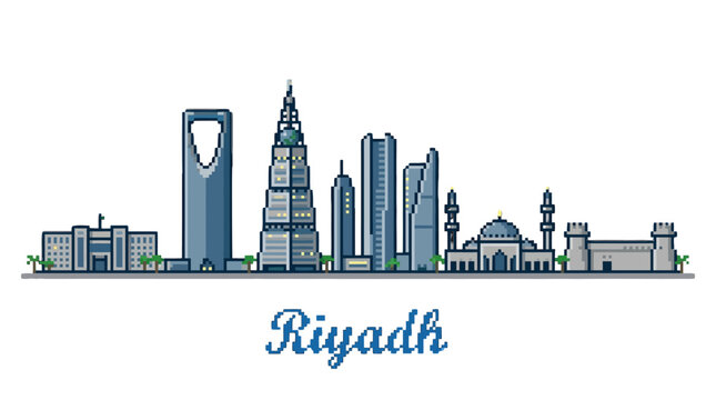 Pixel Art Illustration Depicting Riyadh City Skyline Featuring Iconic Modern and Traditional Architecture