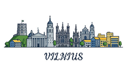 Fototapeta premium Illustration of a charming cityscape combining historic landmarks and modern buildings with lush greenery and a whimsical skyline