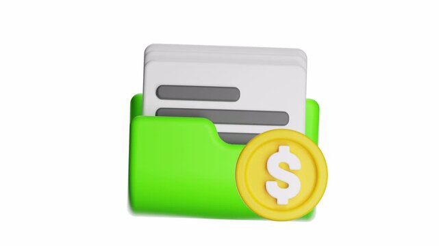 3d ux icon motion green folder with documents and a dollar coin, perfect for finance and business concepts in presentations, websites, and marketing campaigns.
