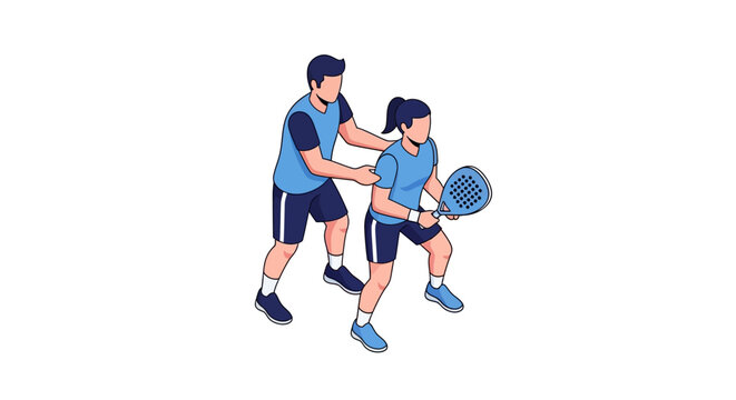 Isometric illustration of characters playing padel, depicting a coach guiding a female player with a racket on an outdoor arena, using a clean vector design against a white background