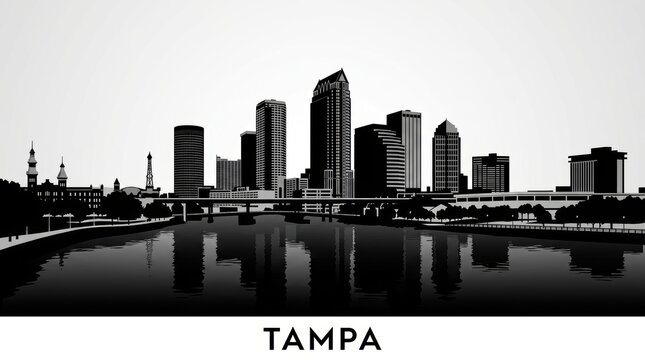 Black and white skyline silhouette of Tampa with waterfront skyscrapers and modern city structures. No people. Clean composition. Bottom: "Tampa" lettering.