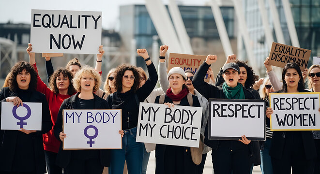 Feminist protest signs, equality movement, women's rights activism, demonstration