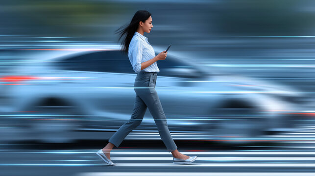 Woman walks on street while using smartphone with blurred car passing by in city environment during daytime