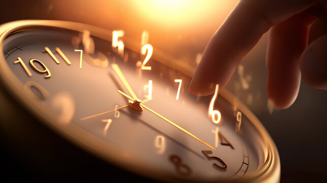Person touches clock hand to adjust time at sunset in warm light