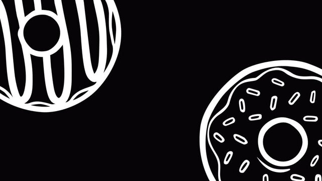 Clean footage featuring donut outlines moving across a deep black background. Smooth motion and simple lines create a modern food-themed visual, ideal for ads, branding, and looping scenes.