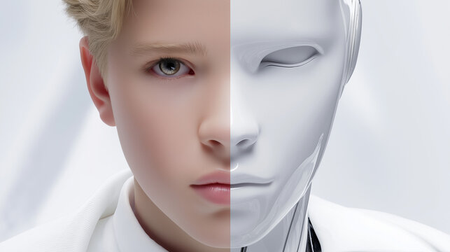 Half human and half robot face shows the blend of technology and humanity in a futuristic setting with a focus on artificial intelligence