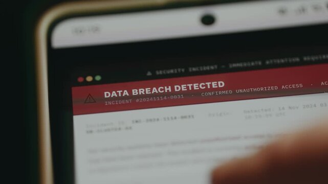Data Breach Detected alert message, confirmed unauthorized access