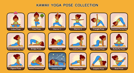 Fototapeta premium Cartoon Yoga Asanas for Beginners - 18 Poses with Names