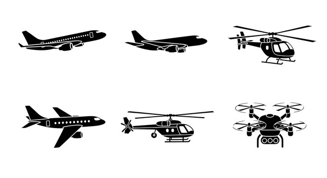 Airplane and helicopter silhouette icons.