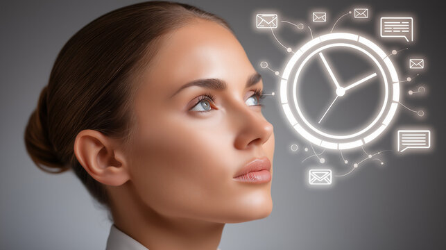 Woman looking up with focus on time and communication in a business setting during daytime