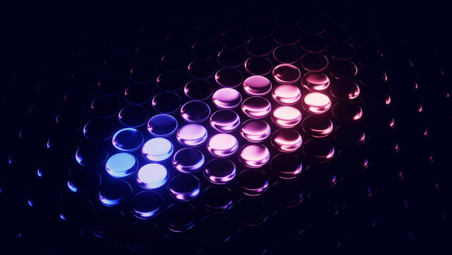 Colorful music equalizer waveform visualization display with neon glowing led circles on a black background.
