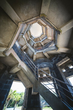 Yilan, Taiwan - July 9, 2018: Octagonal observatory of Toucheng Forest Park is a famous attraction spot in Yilan, Taiwan. It is a characteristic building with spiral staircase.