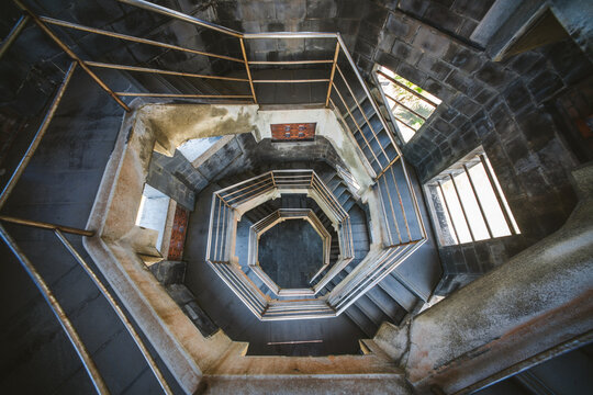 Yilan, Taiwan - July 9, 2018: Octagonal observatory of Toucheng Forest Park is a famous attraction spot in Yilan, Taiwan. It is a characteristic building with spiral staircase.