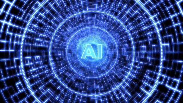 Modern AI Letters Artificial Intelligence Logo Theme Tunnel Digital Futuristic Loop Animation Abstract Technology Advanced Background Template Video 4K