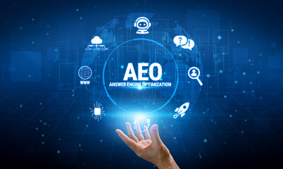 Obraz premium Digital Concept of Answer Engine Optimization with Icons Representing Technology, Data, and Search Functionality in Futuristic Environment Fluxor.