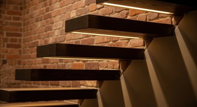 Modern dark stained timber cantilever stairs with integrated LED lighting against a textured brick wall