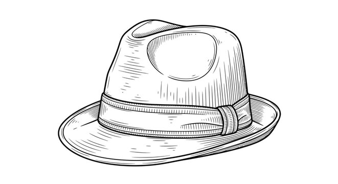 Vintage stylish fedora hat with wide brim and ribbon band, classic fashion accessory, elegant headwear, old-fashioned, sophisticated, black and white illustration