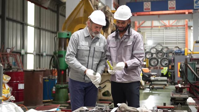 Team collaboration in industrial workshop factory setting instructional session engaged learning environment close-up view skill development