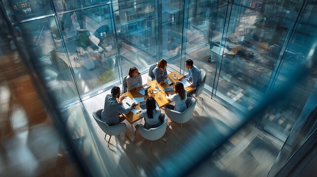 Diverse Gen Z team collaborating in modern glass-walled office with city view, high-angle shot