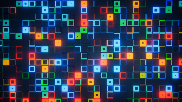 Digital pixel grid displaying colorful glowing squares for technology and gaming concepts