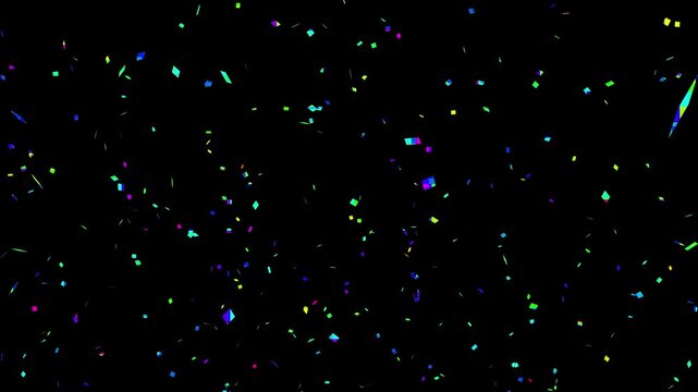 Confetti explosion effect, colorful particles bursting and falling on black screen, festive celebration for events, festivals, birthdays, and joyful occasions, high quality animation.4K
