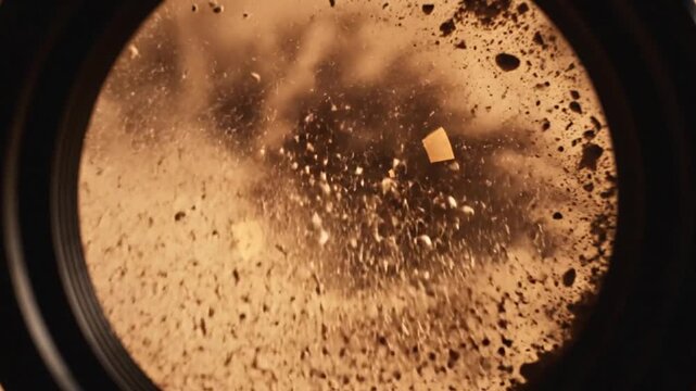 Extreme close up of blowing sand seen through a camera lens aperture