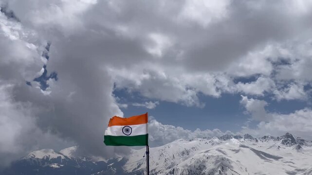 Indian Flag Waving in Snowy Mountains Patriotic Landscape with Himalayan View in gulmarg dandola phase 2