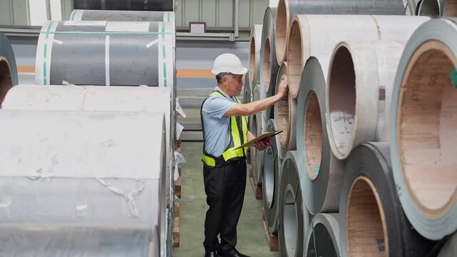 Worker inspecting industrial steel pipes at manufacturing facility operational environment aerial view industry insights