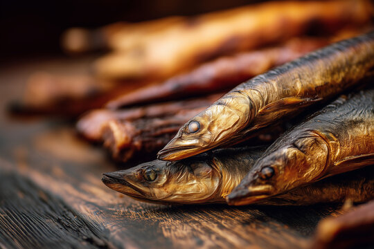 Smoked fish on rustic wooden table traditional Baltic cuisine warm light close up food photography