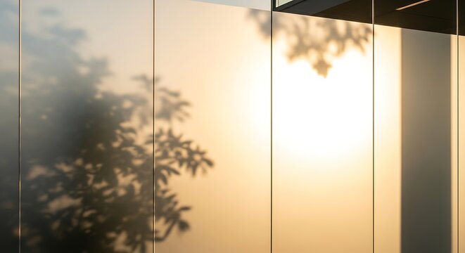 Warm golden hour tree shadows cast on a modern frosted building facade. Abstract natural light texture background with diffused glow and minimalist architectural panels.