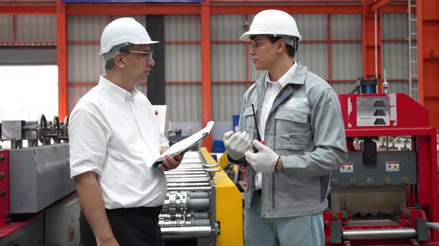 Business meeting between professionals in industrial setting workshop image compilation indoor engaging discussion