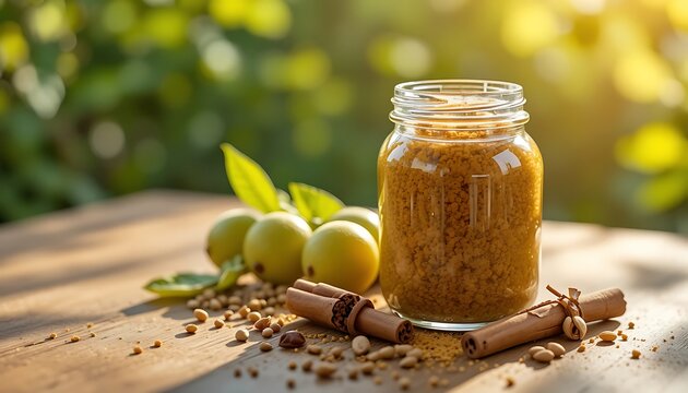 Fresh apple butter in a glass jar with cinnamon sticks on a rustic wooden table in a sunny garden. chyawanprash