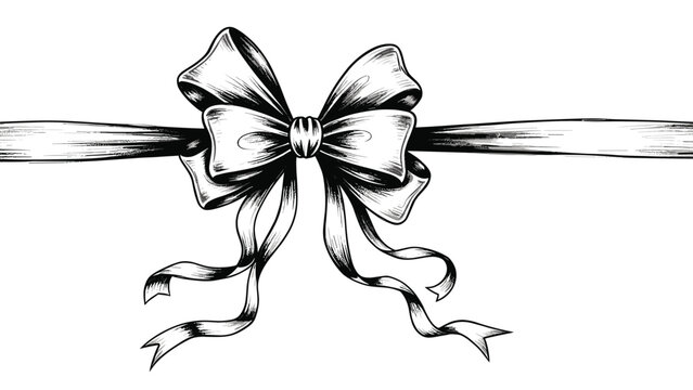 Elegant black and white hand-drawn ribbon bow with long flowing ends, featuring fine details and artistic shading.